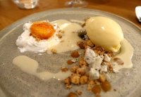 Brulee egg yolk, goats milk, burnt butter and hay ice cream at Loam
