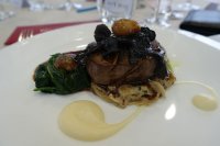 Michael Caines' beef fillet with roasted shallots, celeriac puree, asparagus, wild mushroom and red wine sauce