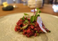 Beef tartare with salted gooseberry at Loam