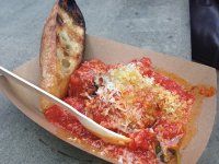 Pork meatballs with prosciutto and mortadella, tomato sauce and spiced breadcrumbs from Chop Shop