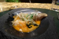 Kombucha cured mackerel, pork fat, pumpkin and marogold