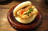 Bao Diddly with kimchi and wasabi mayo