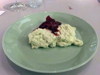 Chilled pandan rice pudding and poached fruit