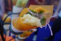 Wasa roll: Shrimp tempura, quinoa, shisito, coriander, wagyu chorizo, spicy mayo and red onion