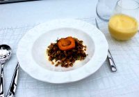 Seeded granola with poached apricots and thyme