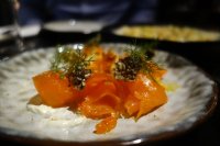 Salmon crudo - fennel and dill yoghurt, golden shallots, fennel pollen