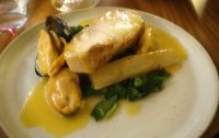 Cornish cod with salsify, cider sauce and mussels