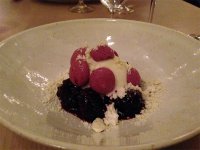 Goat's cheese sorbet with baby meringues and blackcurrant compote