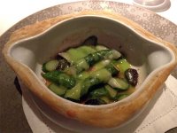 Cookpot of green asparagus and morels