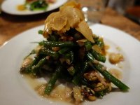 Green bean salad with foie gras, shallots and walnut dressing