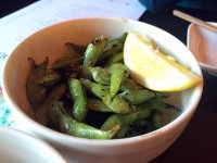 Flamed Edamame with Sake, Lemon, Butter and Maldon Salt