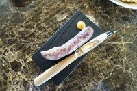 Cured english lop pepper sausage, english mustard