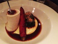 Braised Irish ox cheek, roast marrow bone with sourdough crumb, carrot, horseradish mash