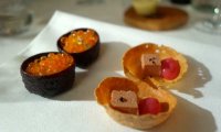 Trout roe and foie gras and rhubarb canapes