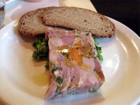 Ham hock terrine, smashed peas and soda bread