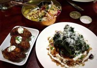 Starters - pearl barley, crisp kale, sour cherry, smoked and candied aubergine, courgette feta fritters