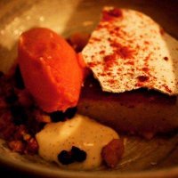 Strawberry and champagne sorbet, cake, yogurt and almond crumble at Zoilo