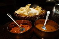 Cassava, lentil and potato papads, with shrimp chutney and mango chutney