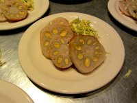 Karashi lotus root - lotus root stuffed with a hot mustard-miso paste