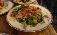 Charred white sprouting broccoli, seaweed mayo, grated egg, green beans