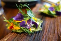 Pea wafer, fennel and flowers