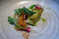 Brill braised in nettle butter, horseradish, radishes, shrimps and salsify