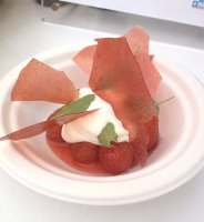 Simon Rogan at Action Against Hunger: Iced sweet cheese cream with compressed strawberries and sorrel