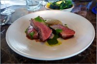 Galloway beef sirloin, marrowbone bread sauce and lovage liquor