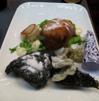 Fish and Chips - hake, scallop, fish skin crisps and peas