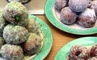 Pandan custard and pistachio, lemon and turmeric marmelade with amchur sugar and liquorice chocolate custard and Urfa pepper sugar doughnuts