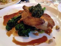 Half baby chicken with salsa verde, hazlenut stuffing and broccoli