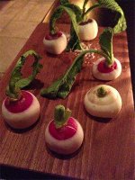 Radishes, butter dipped with Fleur de sel from Nomad