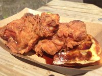 Fried chicken from Buttermilk Channel which comes with cheddar waffles and great vinegar honey at Brooklyn's Smorgasburg.