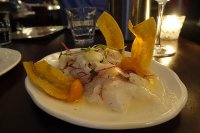 Ceviche del Dia, Cornwall Project day-boat catch fish, red onion, plantain chifles, sweet potato cream, classic tiger's milk