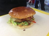 Roti Chai Toddy Shop Burger No. 4 - Ground pure-bred aged Ayrshire Aberdeen Angus chuck steak patty infused with star anise, curry leaves, cinnamon, coconut and red chillies