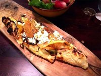 Charred leek, cheese and crisp potato Pide