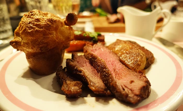 Sunday Lunch with a "press for Champagne" button. We try the Sunday Roast at Bob Bob Ricard 