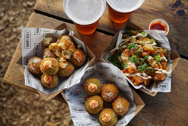 Mac & cheese croquettes and mustard-glazed burgers from Nanny Bill’s at Birthdays