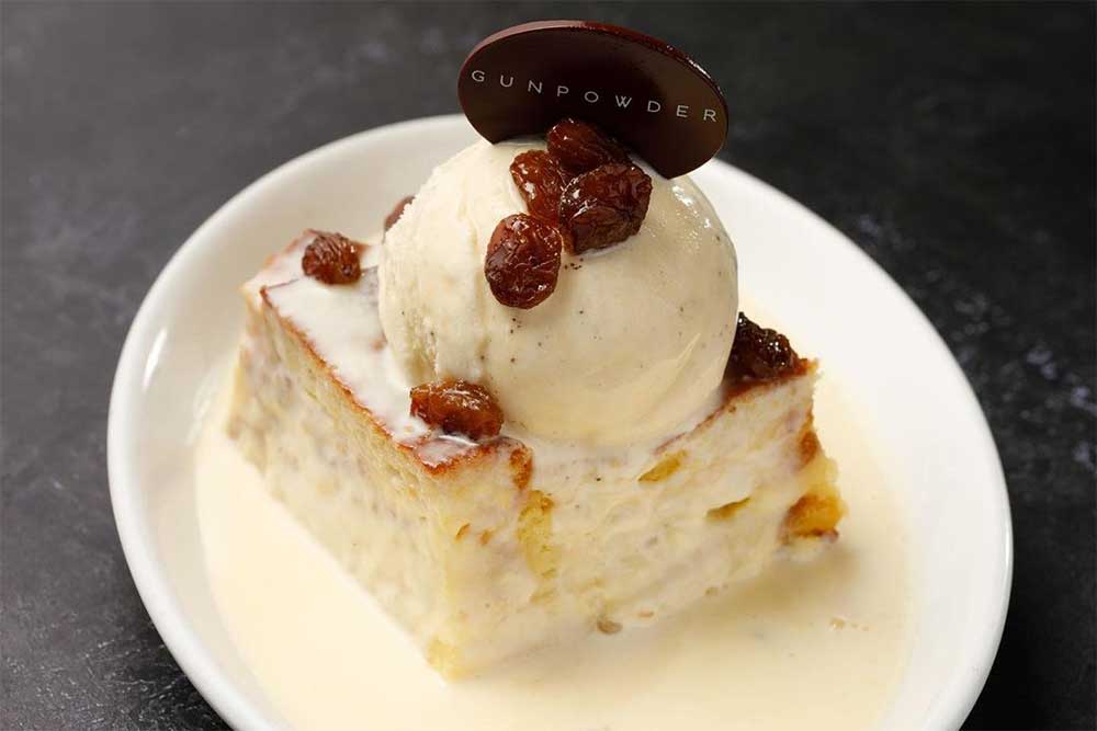 Old Monk Rum Bread and butter pudding at Gunpowder