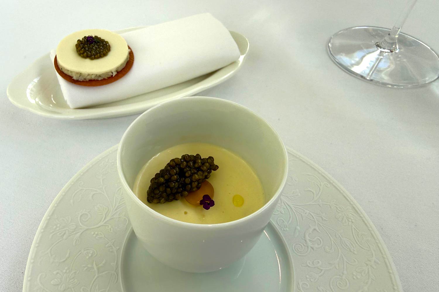 Orrery by Pierre Minotti (Marylebone) - Smoked eel jelly & cream, with cured seabass and crispy potatoes & caviar