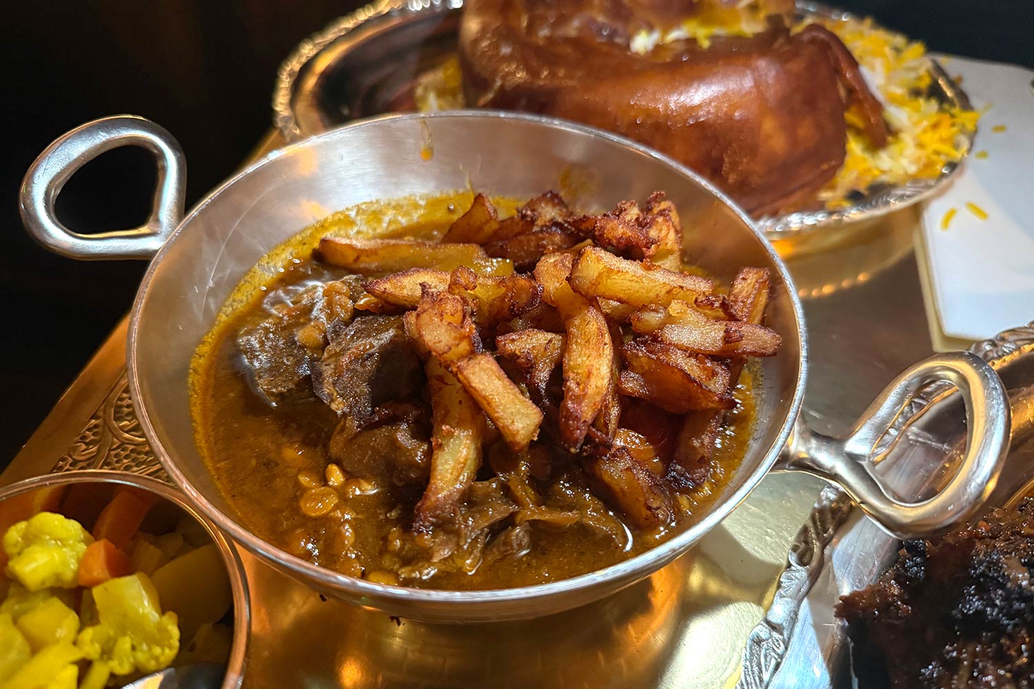 Berenjak (Mayfair) - wagyu ox cheek stew, aubergine, yellow split peas and dried lime