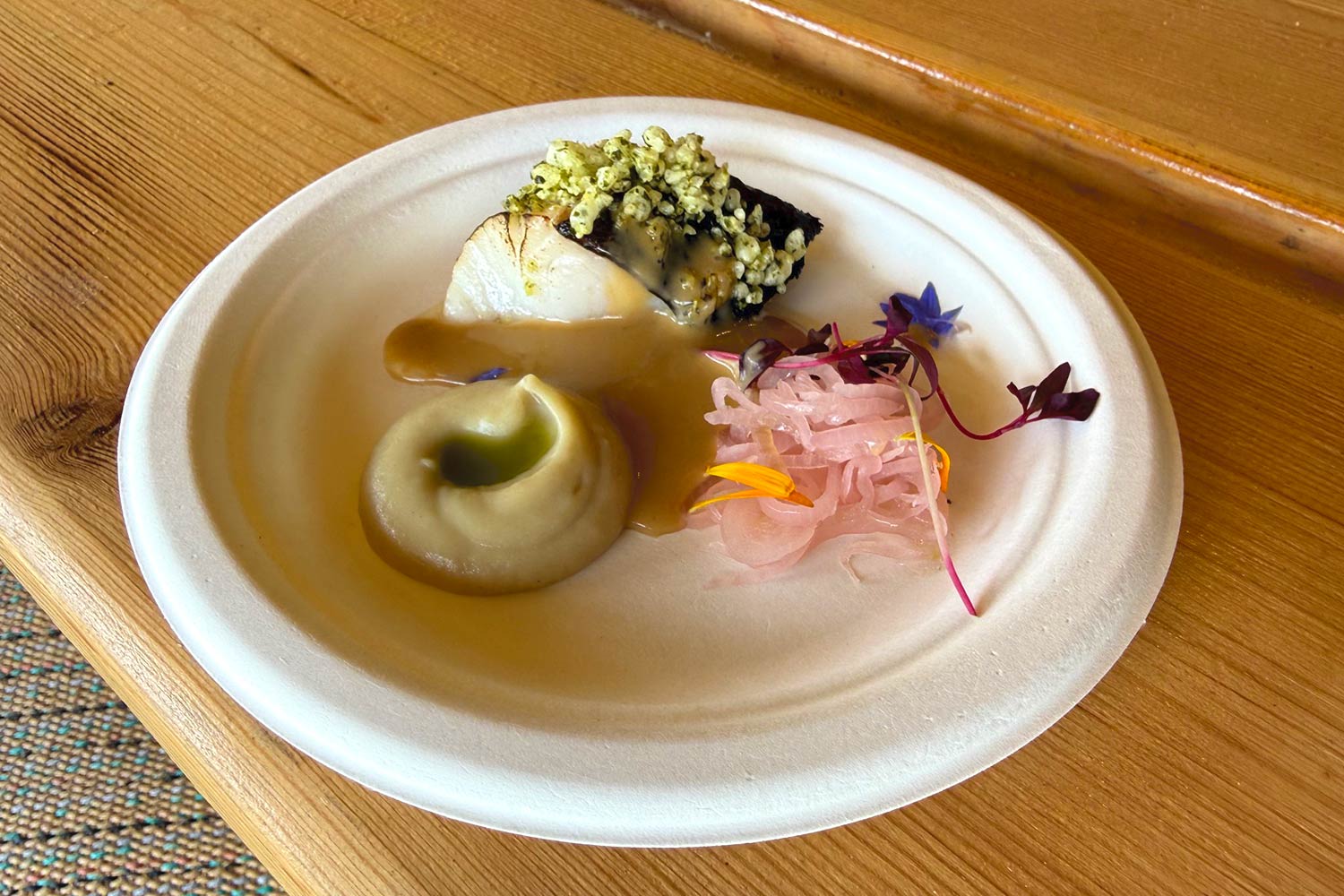 Orion by Alex - Black cod, onion puree, pickled shallots, crispy potato, chicken butter sauce
